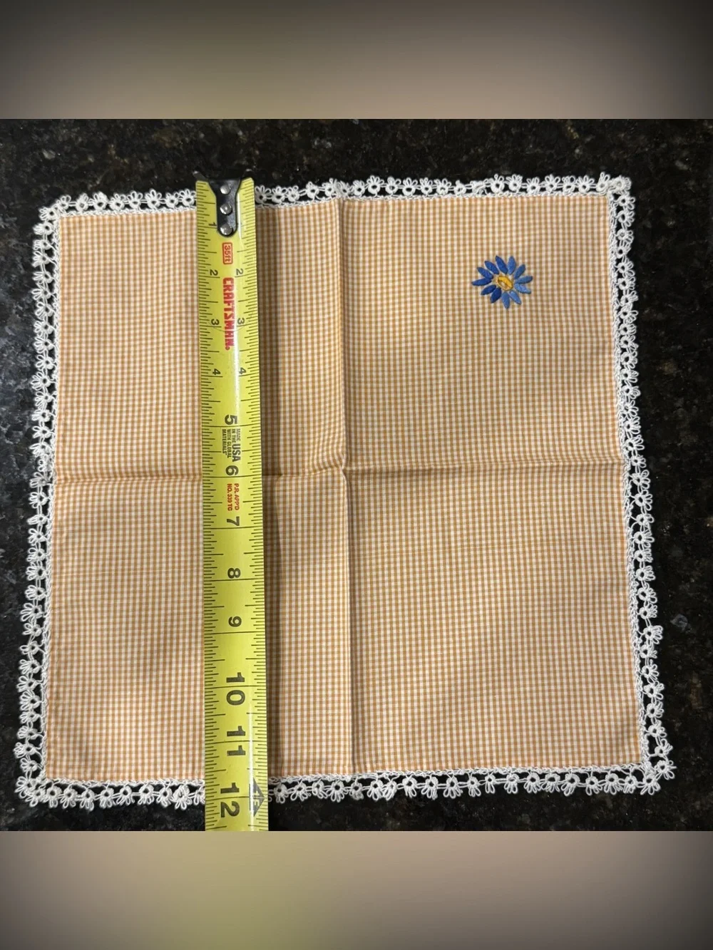 Vintage Set of 2 Orange Gingham Lunch Napkins | Hand Embroidered Blue Daisies